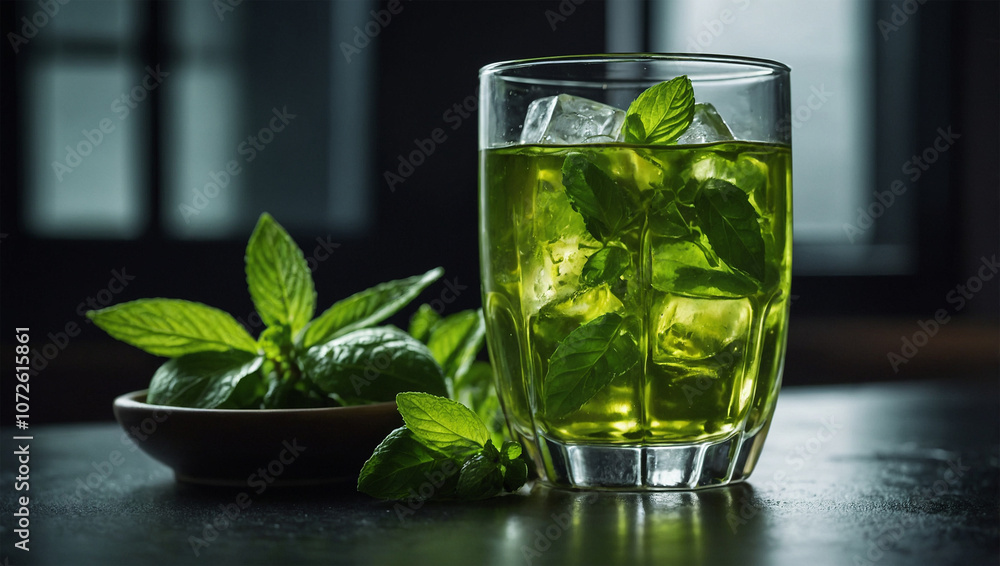 Cold green tea in a tall glass, garnished with fresh mint leaves, ice cubes, and a hint of condensation on the glass. Cold green tea in a tall glass, garnished with fresh mint leaves, ice cubes, and a hint of condensation on the glass.