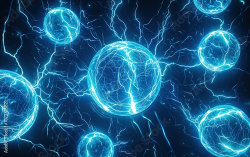 Glowing energy spheres surrounded by electric currents in a dark background, showcasing dynamic patterns of light and motion photo