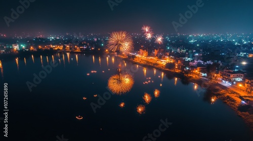 Aerial Night View of City with Fireworks Over Lake