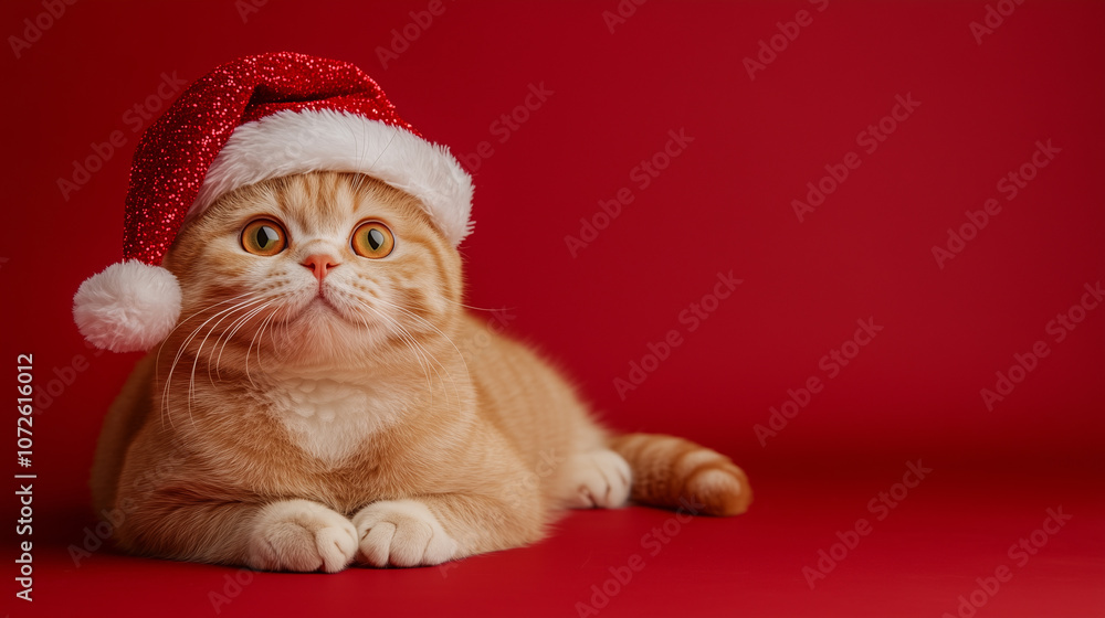Naklejka premium cute cat in santa claus hat on red background, isolated