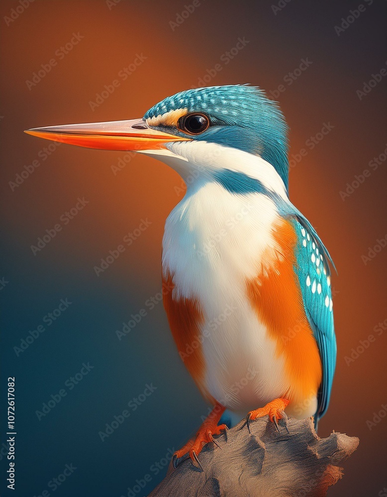 Obraz premium A vibrant kingfisher perched on a branch, its blue and orange feathers contrasting against the warm background.