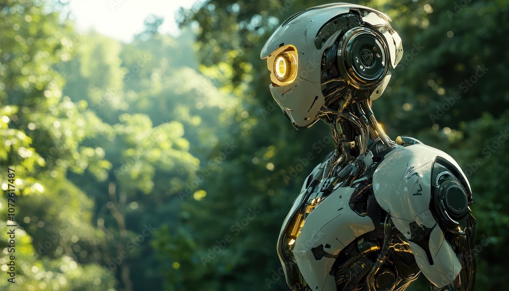 Robot with Bionic Parts in Nature - A futuristic robot with complex parts stands against a natural backdrop. Robot with Bionic Parts in Nature - A futuristic robot with complex parts stands against a natural backdrop.