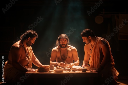 Ancient Indian Scholars in Traditional Attire Studying Manuscripts Around a Table, Dimly Lit Scene
