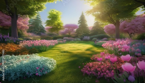 beautiful spring garden with flowers and lawn grass 3d illustration