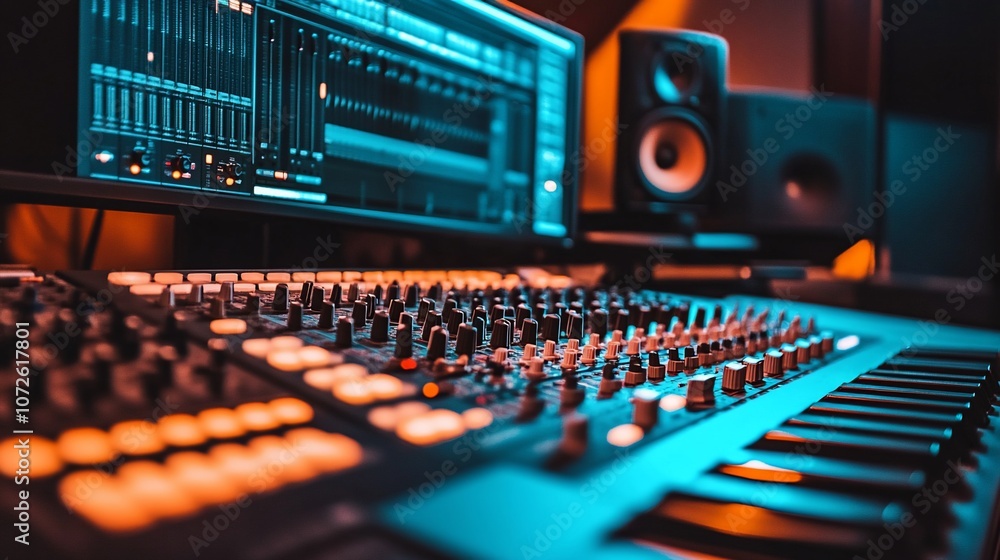 Close-up of a mixing console in a music studio with a computer monitor and speakers in the background. Close-up of a mixing console in a music studio with a computer monitor and speakers in the background.