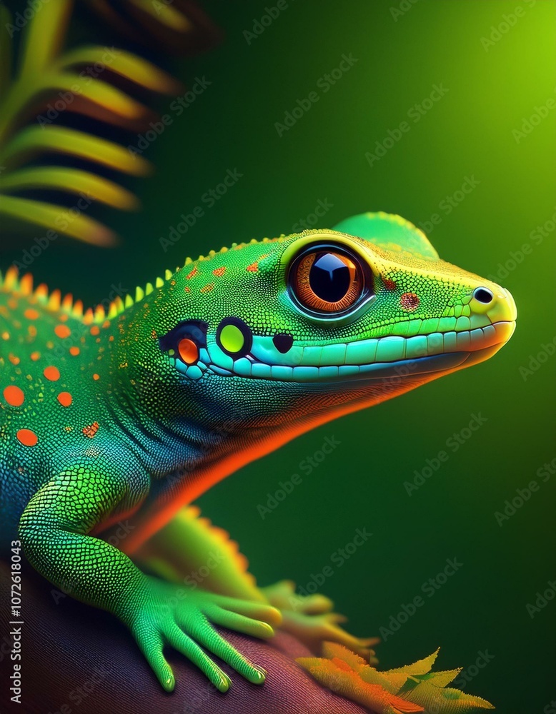 Obraz premium Close-up of a vibrant green lizard with colorful markings, looking to the side with its orange eye.