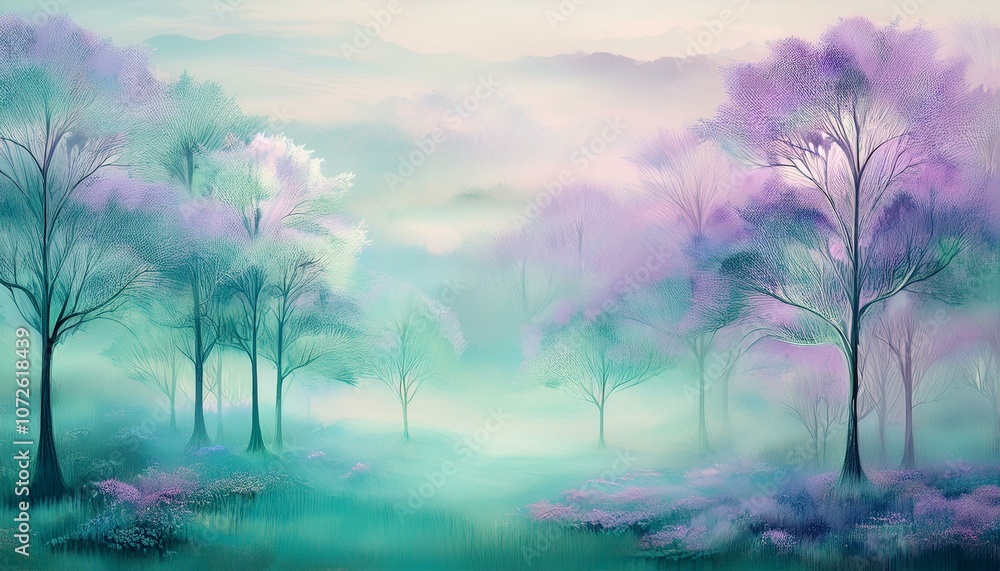 Obraz premium A magical forest scene with trees in shades of purple and teal, enveloped in a mystical fog.