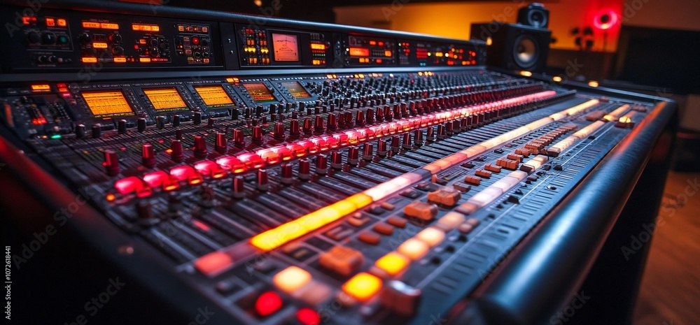 Close-up of a professional audio mixing console with faders, buttons, and knobs lit up in red and orange hues. Close-up of a professional audio mixing console with faders, buttons, and knobs lit up in red and orange hues.