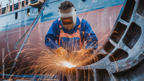 A male worker of Mediterranean descent in protective gear performs welding on a large metal structure, creating sparks in a shipyard setting.