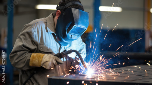 A male Hispanic welder in protective gear works on metal, creating sparks with his welding torch in a busy workshop setting.