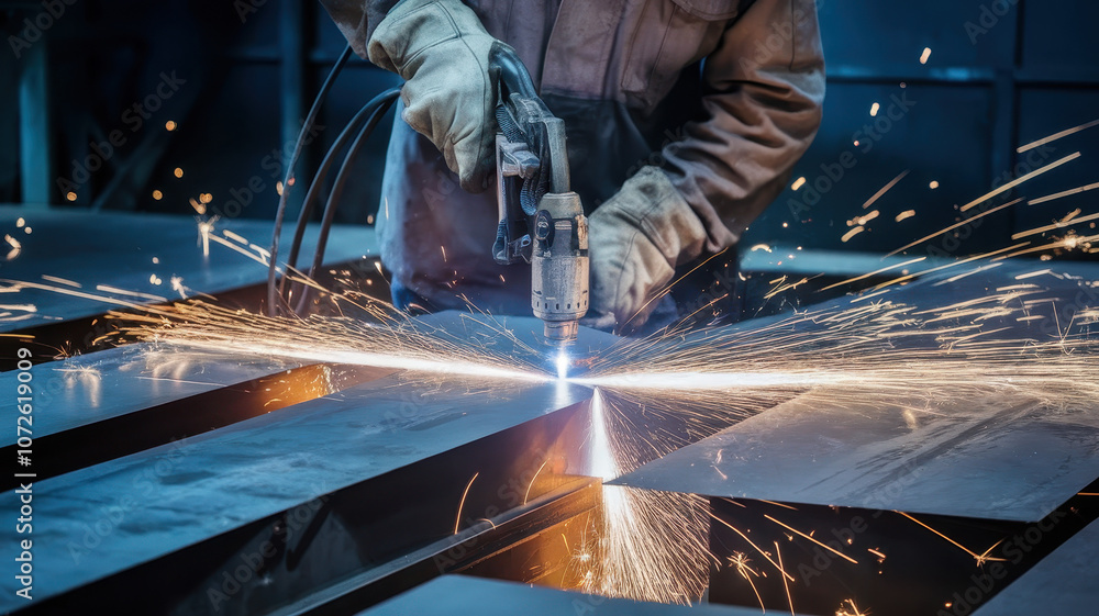 A male worker of Asian descent is skillfully welding metal sheets in a workshop, creating bright sparks amidst the industrial environment. A male worker of Asian descent is skillfully welding metal sheets in a workshop, creating bright sparks amidst the industrial environment.