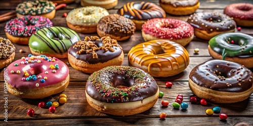 A Colorful Display of Donuts Showcasing a Variety of Flavors and Toppings Perfect for a Sweet Treat or Dessert Promotion with Ample Copy Space for Marketing Use