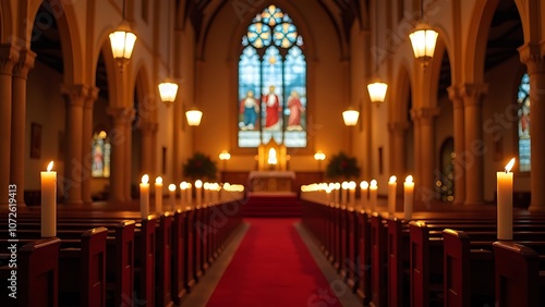 Lots of candles burning in church during Christmas time. Celebrating Christmas in church. Festive church decoration