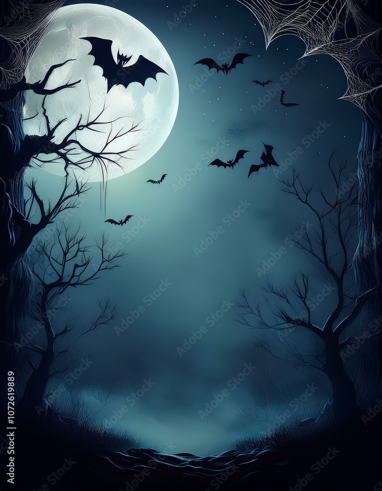 Fototapeta premium A spooky Halloween night scene with a full moon, bats flying, and spiderwebs. Perfect for your next Halloween party or invitation.