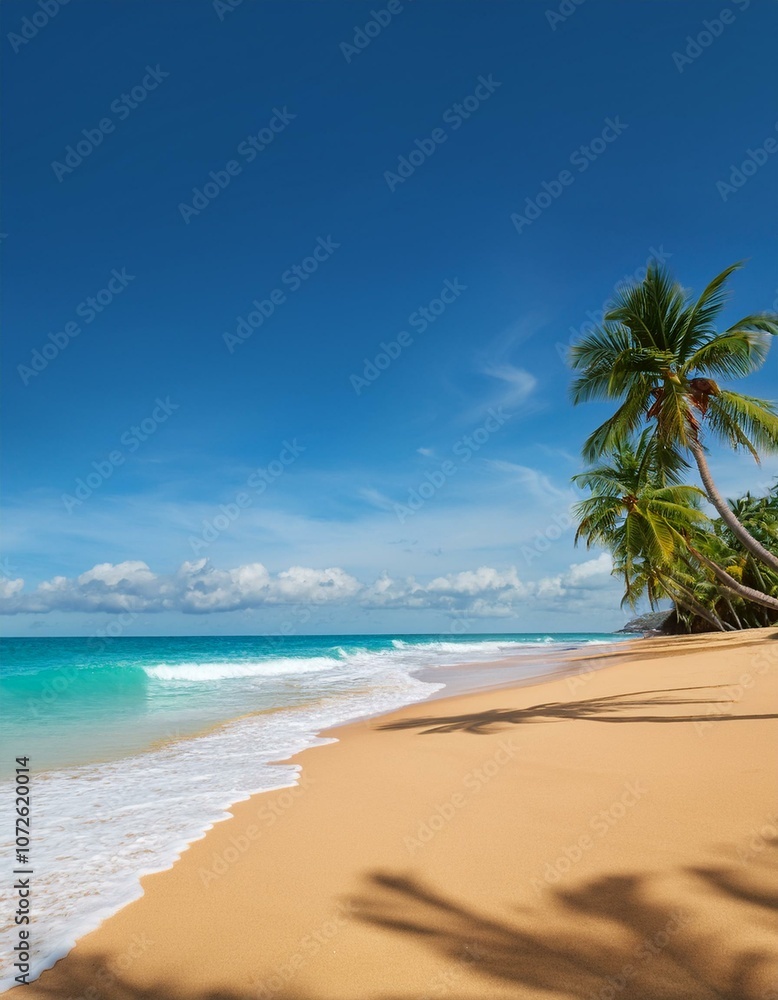 Obraz premium A pristine beach with turquoise water and soft sand, framed by palm trees swaying in the breeze.