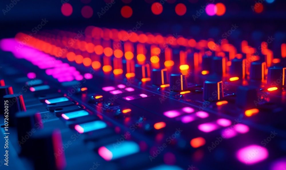 Close-up of a sound mixing board with glowing red and pink lights. Close-up of a sound mixing board with glowing red and pink lights.