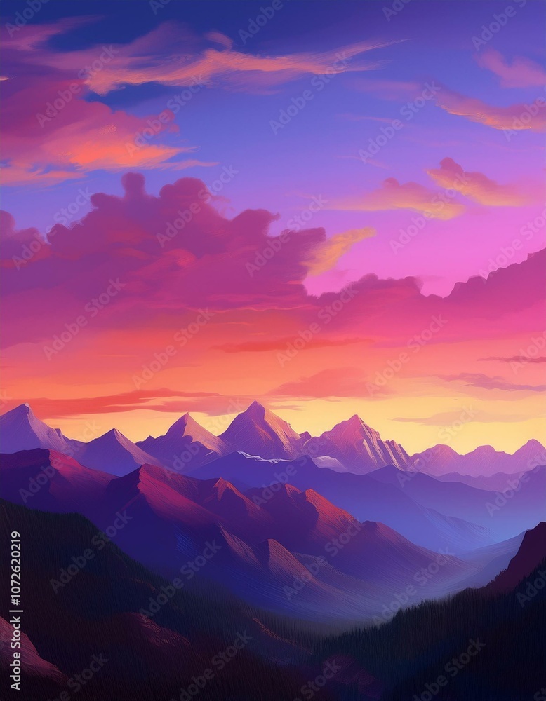 A vibrant sunset paints the sky with hues of pink, purple, and orange, casting a warm glow over a majestic mountain range. A vibrant sunset paints the sky with hues of pink, purple, and orange, casting a warm glow over a majestic mountain range.