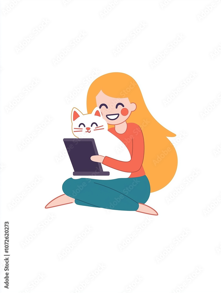 a girl with her pet cat, drawing, working from home a girl with her pet cat, drawing, working from home