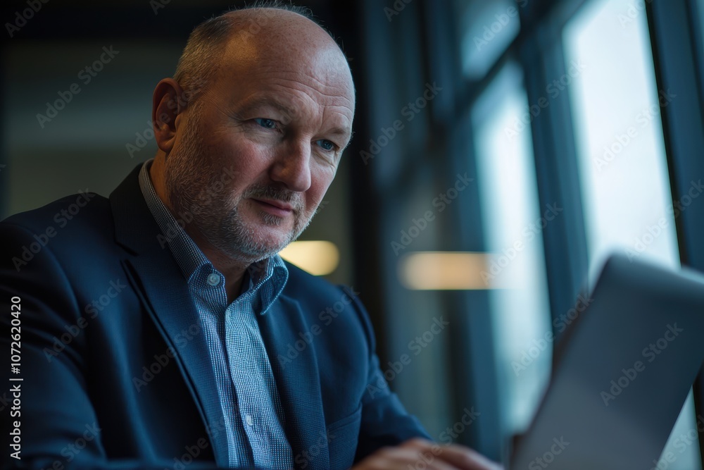 Naklejka premium Geschäftsmann Laptop Videokonferenz Nachtlicht Blaulicht reflektierende Brille Technologie moderner Arbeitsplatz Remote Arbeit digitale Kommunikation Homeoffice entspannte Atmosphäre Business