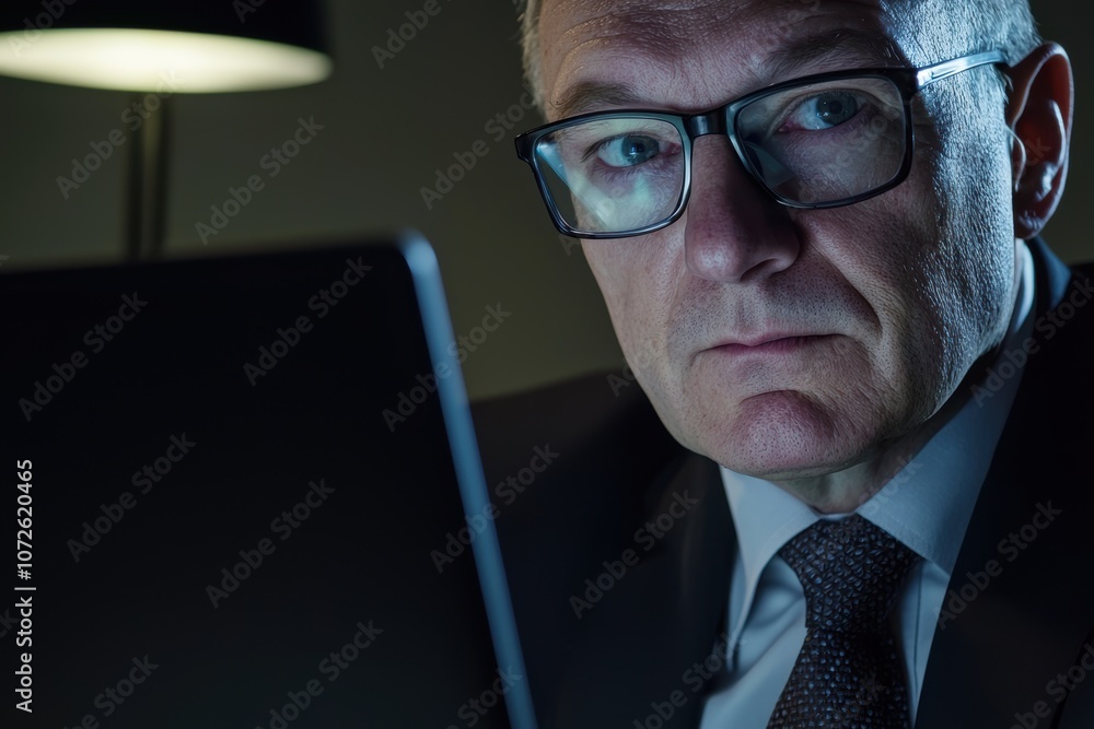 Geschäftsmann Laptop Videokonferenz Nachtlicht Blaulicht reflektierende Brille Technologie moderner Arbeitsplatz Remote Arbeit digitale Kommunikation Homeoffice entspannte Atmosphäre Business Geschäftsmann Laptop Videokonferenz Nachtlicht Blaulicht reflektierende Brille Technologie moderner Arbeitsplatz Remote Arbeit digitale Kommunikation Homeoffice entspannte Atmosphäre Business