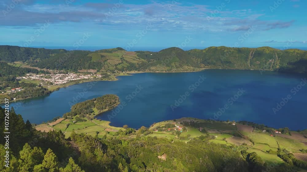 Azores landscape panoramic view. Aerial 4K drone video footage of Sete Cidades, Lagoa Azul, Miradouro da Grota do Inferno viewpoint in Sao Miguel Island, Portugal Azores landscape panoramic view. Aerial 4K drone video footage of Sete Cidades, Lagoa Azul, Miradouro da Grota do Inferno viewpoint in Sao Miguel Island, Portugal