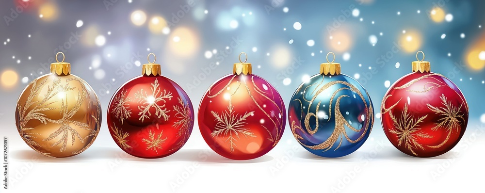Five Christmas ornaments with a festive design. The ornaments are red, gold, and blue with shiny golden glitter. Ornaments have a traditional snowflake pattern, perfect for winter holidays decor. Five Christmas ornaments with a festive design. The ornaments are red, gold, and blue with shiny golden glitter. Ornaments have a traditional snowflake pattern, perfect for winter holidays decor.