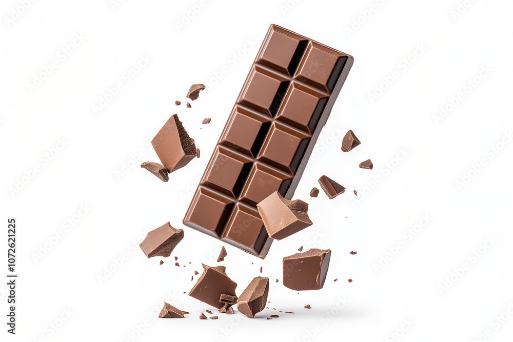 Chocolate bar with broken pieces floating on a white background. Sweet food and dessert concept Chocolate bar with broken pieces floating on a white background. Sweet food and dessert concept