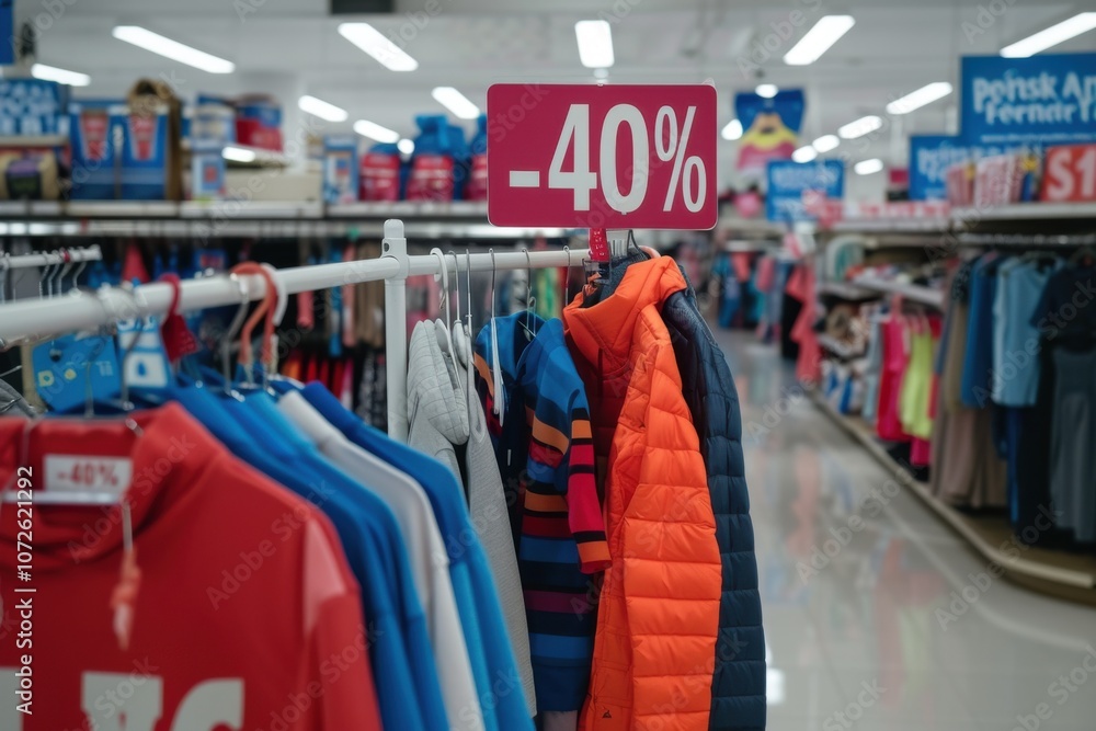 Store interior showing clothes on racks and a bold 40% off sign for a sale promotion.. Store interior showing clothes on racks and a bold 40% off sign for a sale promotion..