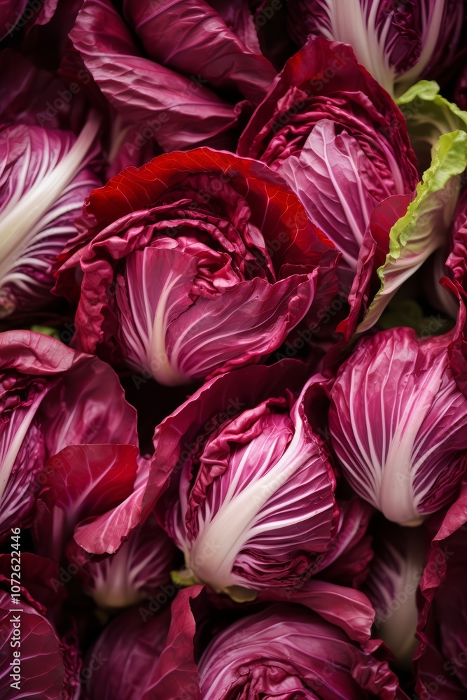 A close up image of vibrant red and white Napa cabbage heads. A close up image of vibrant red and white Napa cabbage heads.