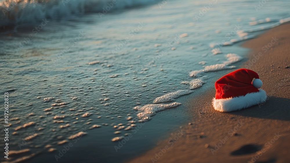 Santa hat on sandy beach at sunset with gentle waves for travel agency holiday campaigns concept of advertising of travel agencies Santa hat on sandy beach at sunset with gentle waves for travel agency holiday campaigns concept of advertising of travel agencies
