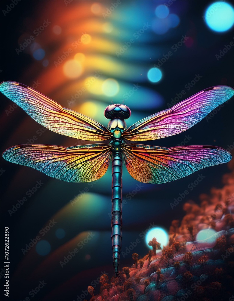A vibrant dragonfly with iridescent wings rests against a blurred background of glowing lights. A vibrant dragonfly with iridescent wings rests against a blurred background of glowing lights.