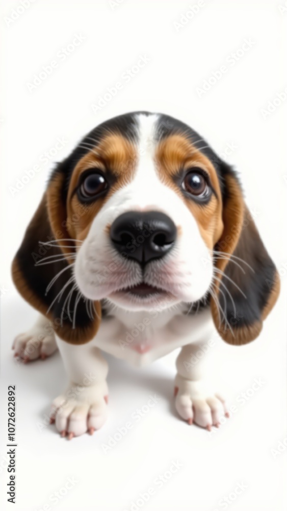 Generative AI, Close-up of a two-month-old Beagle puppy with gentle, curious expression against white background Generative AI, Close-up of a two-month-old Beagle puppy with gentle, curious expression against white background