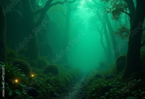 A mysterious, fog-laden forest path illuminated by scattered lights during twilight, inviting exploration and wonder