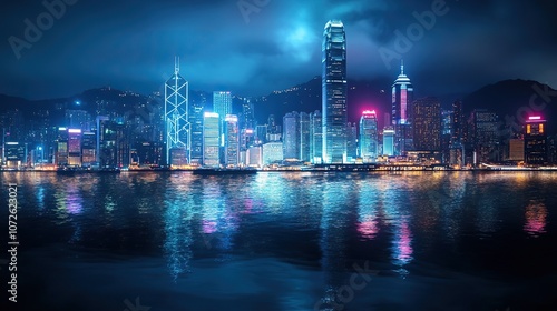 dark cityscape with illuminated buildings with reflection on water at night