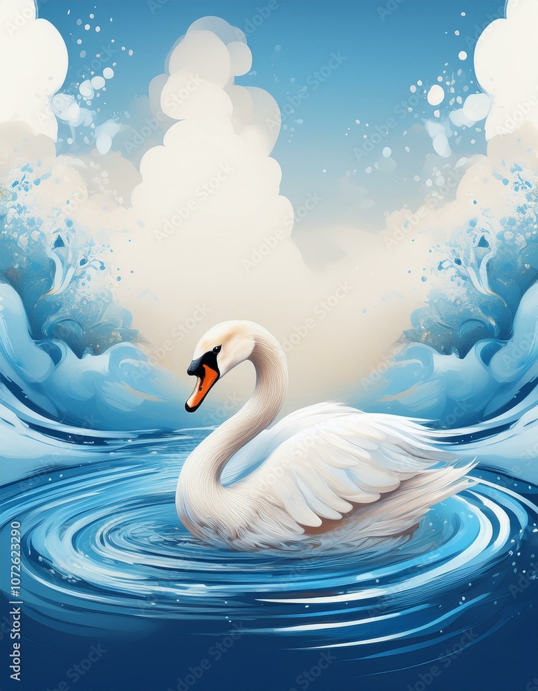 Fototapeta premium A graceful white swan glides across the tranquil blue water, creating ripples with its elegant movement.