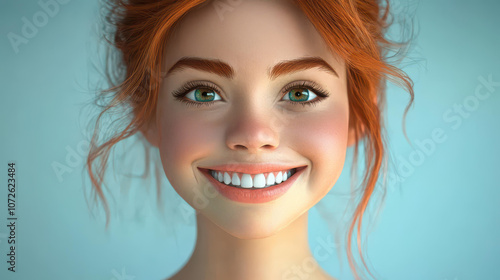 Joyful cartoon character with ginger hair and a radiant smile, showcasing happiness and positive emotions uniquely designed in 3D. photo