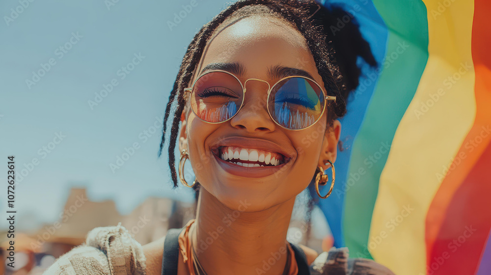 A joyous person waves a rainbow flag at a vibrant Pride parade, embodying the spirit of LGBTQ rights in an urban landscape. A joyous person waves a rainbow flag at a vibrant Pride parade, embodying the spirit of LGBTQ rights in an urban landscape.