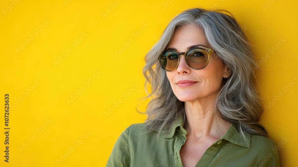 A cheerful senior woman flaunts her gray hair and sunglasses, radiating joy in her vibrant green shirt against a sunny backdrop. A cheerful senior woman flaunts her gray hair and sunglasses, radiating joy in her vibrant green shirt against a sunny backdrop.