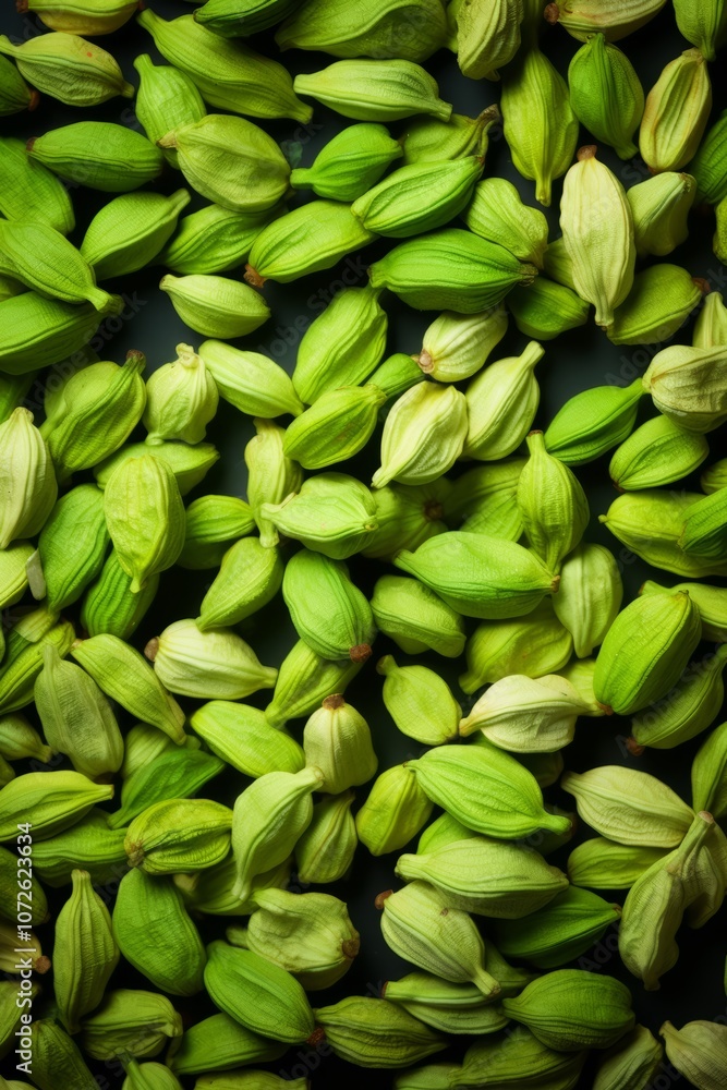A close-up of a group of green cardamom pods on a black surface. A close-up of a group of green cardamom pods on a black surface.