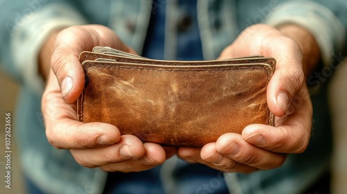 A man grips an empty wallet, illustrating the struggles of financial hardship amid rising living costs in the city.