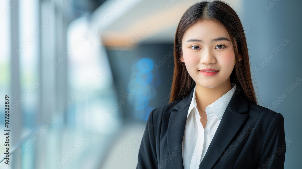 A poised businesswoman in a sleek office, showcasing confidence and professionalism in her tailored suit. A poised businesswoman in a sleek office, showcasing confidence and professionalism in her tailored suit.
