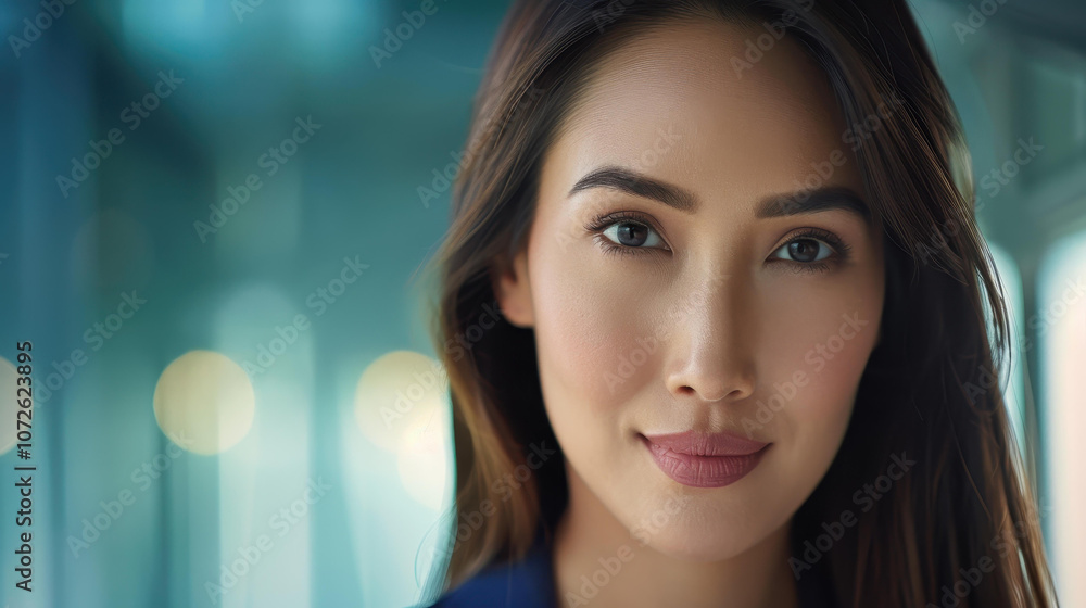 A young Asian businesswoman exudes confidence in her modern office, embodying success and leadership in her field. A young Asian businesswoman exudes confidence in her modern office, embodying success and leadership in her field.