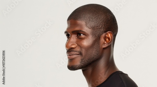 Joyful and confident African man glances offframe, showcasing a bright smile and warm personality in a striking portrait. photo