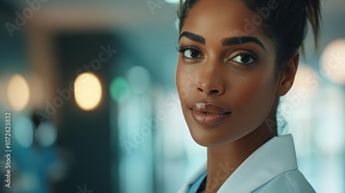 Portrait of a confident African American female doctor, radiating warmth and professionalism in a hospital setting. photo