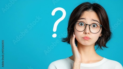 A 3Dstyle portrait of a young Asian woman with glasses, expressing doubt and curiosity against a light backdrop. photo