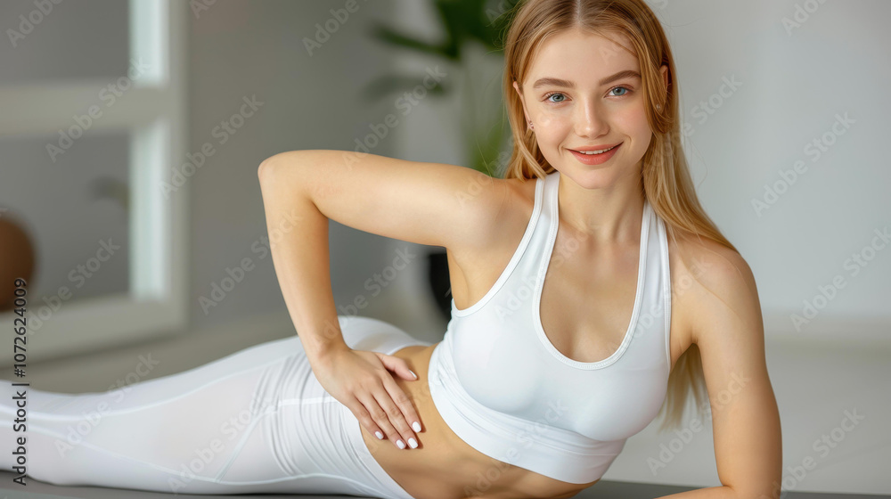 Naklejka premium A fit young woman maintains a strong plank position on her exercise mat, showcasing determination and athleticism at the gym.