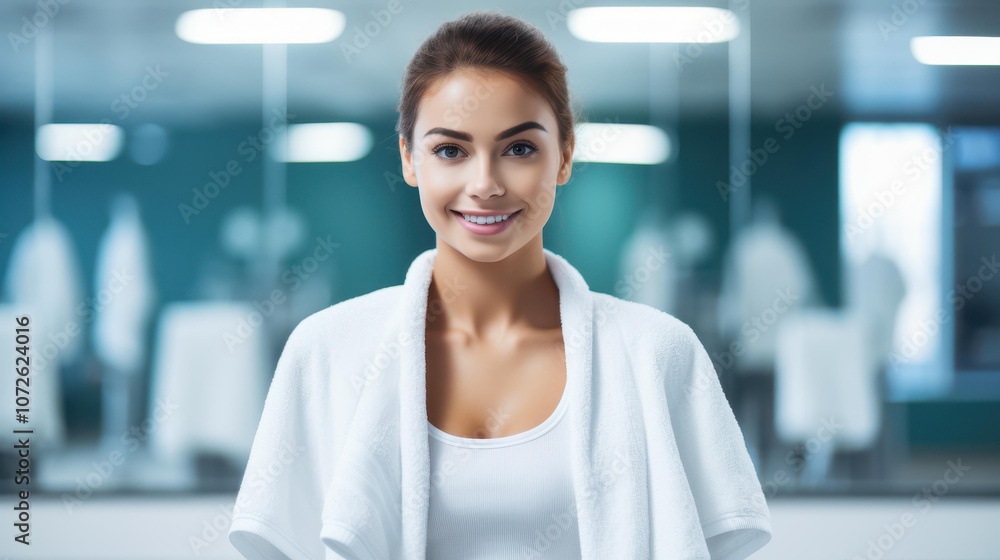 Fit young woman wipes sweat with towel in the gym, showcasing strength and determination in her workout routine. Fit young woman wipes sweat with towel in the gym, showcasing strength and determination in her workout routine.