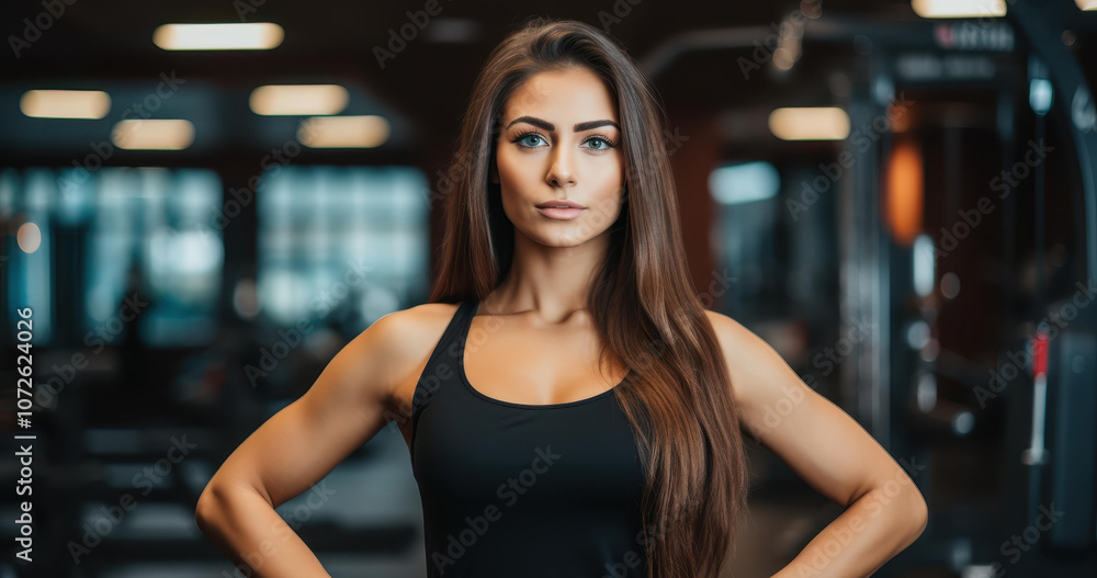 A fit and beautiful young woman confidently stretches in the gym, showcasing her grace and dedication to fitness. A fit and beautiful young woman confidently stretches in the gym, showcasing her grace and dedication to fitness.