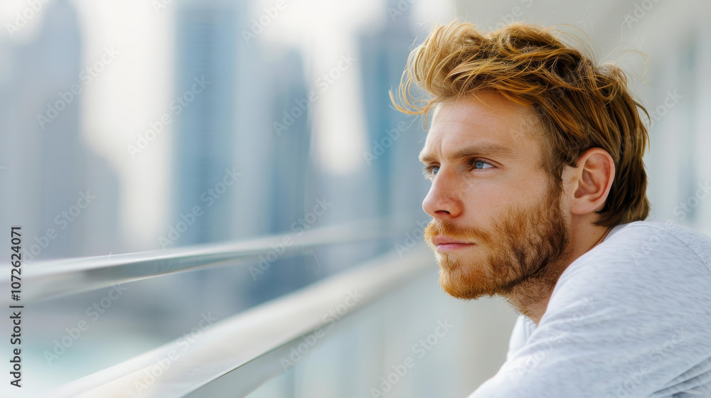 Trendy young man gazes at the sparkling beach, capturing the essence of a vibrant coastal scene. Trendy young man gazes at the sparkling beach, capturing the essence of a vibrant coastal scene.