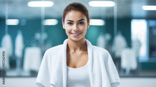 Fit young woman wipes sweat with towel in the gym, showcasing strength and determination in her workout routine.